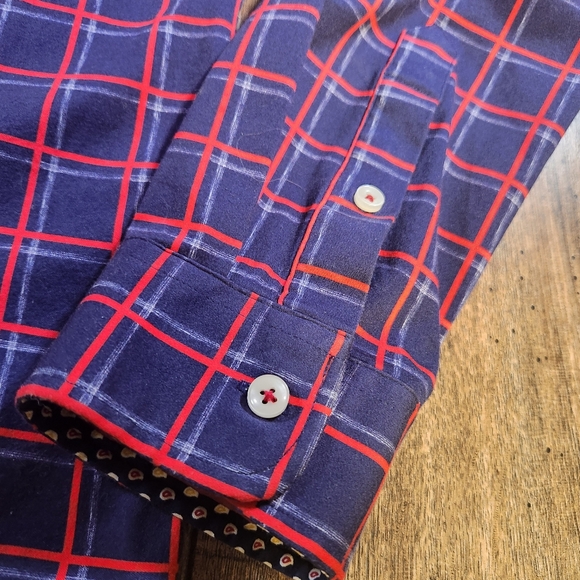Buttercloth Shirt Men's L Regular Fit Blue Red Check Preppy Flip Cuff Button Up - Picture 5 of 11